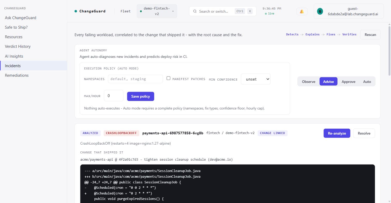 An incident showing 'change that shipped it': acme/payments-api at a commit, with the code diff that altered a scheduled cron expression.