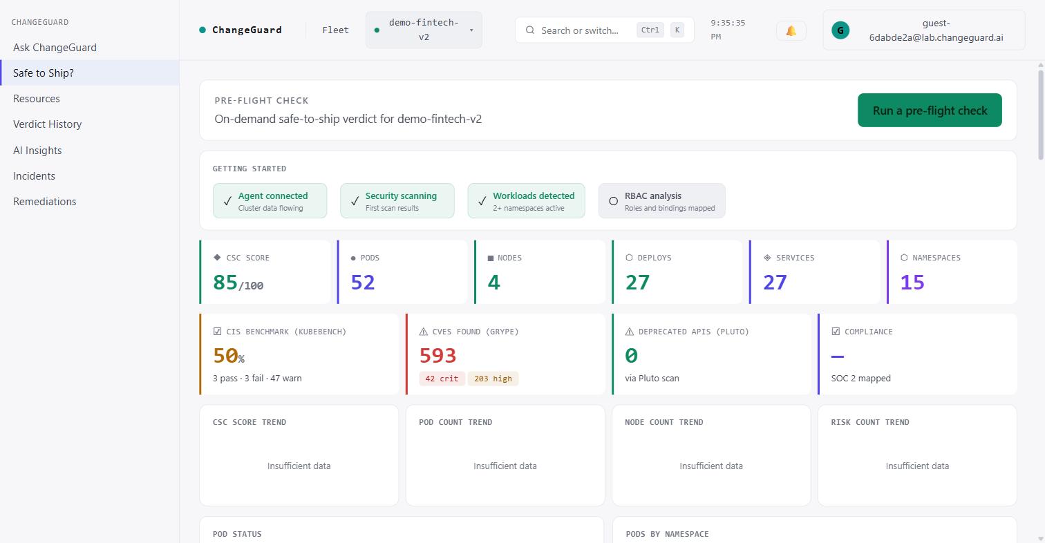 ChangeGuard dashboard showing a CSC score of 85/100, pod and node counts, CIS benchmark, CVE findings, and a pre-flight check panel.