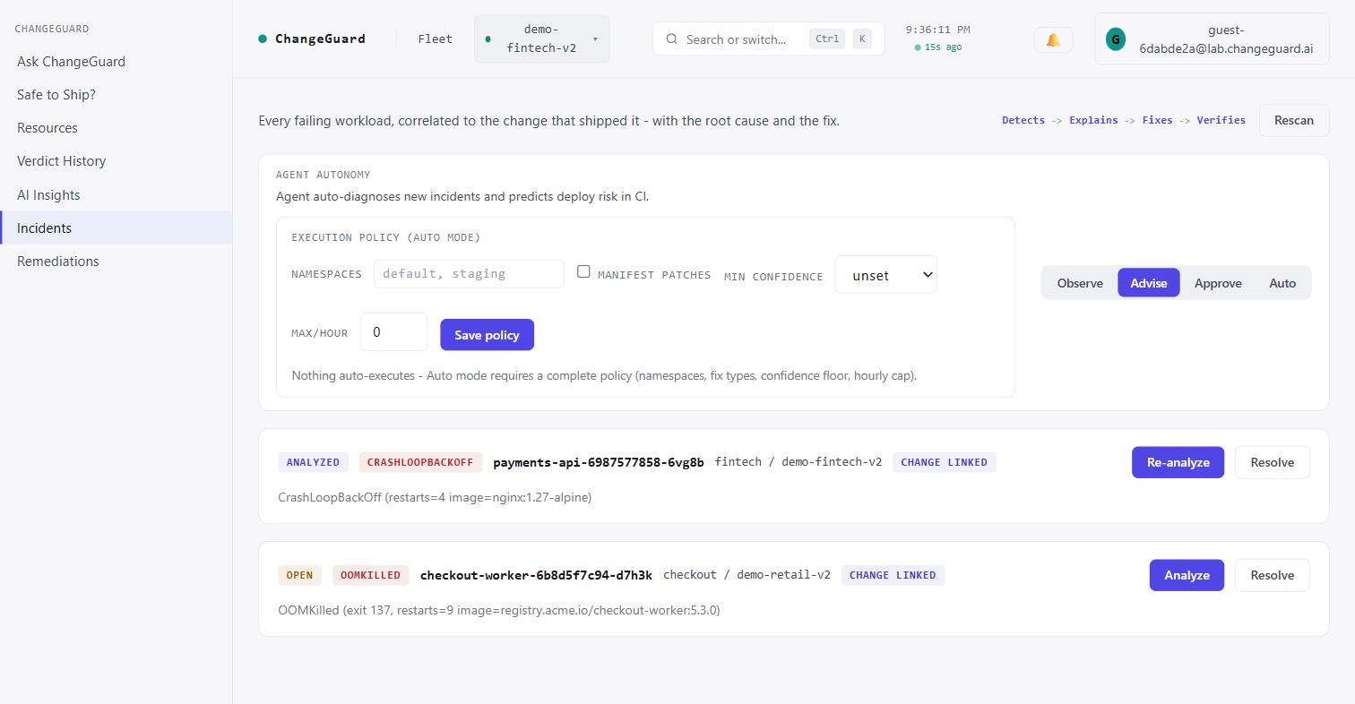 ChangeGuard Incidents view: failing services labeled 'change linked', with an autonomy control set to Advise.
