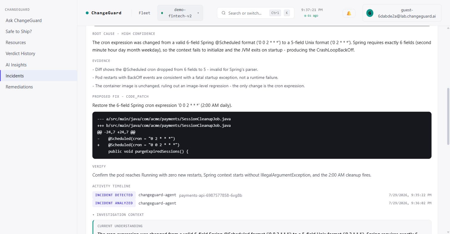 Incident investigation: root cause with high confidence, cited evidence bullets, a proposed code-patch fix, verify criteria, and an activity timeline.