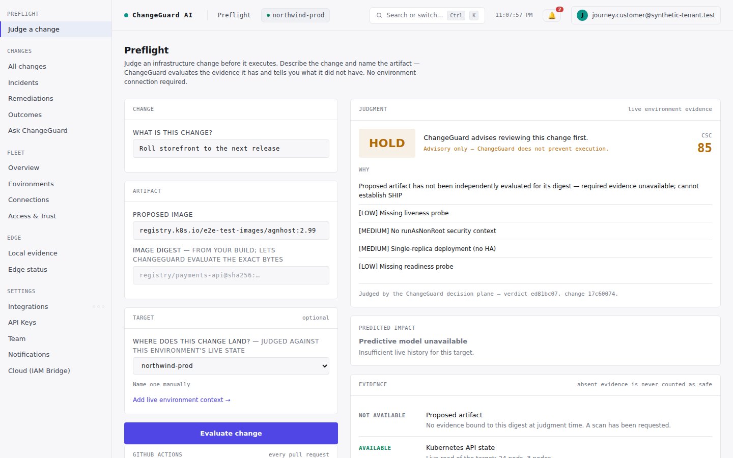 ChangeGuard AI Preflight: a proposed change to roll the storefront to a new release, judged against the northwind-prod environment. Verdict HOLD, with plain-English reasons and an evidence panel showing live environment state available and the proposed artifact not yet evaluated.